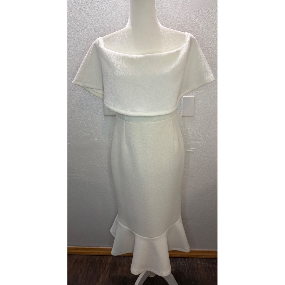 Ivory Womens 10 Off Shoulder Midi Dress White Ruffle Hem Cocktail Wedding Guest